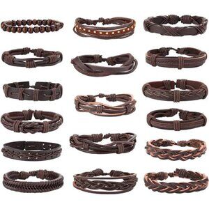 17Pcs Braided Leather Bracelet for Men Wooden Beaded Cuff Wrap